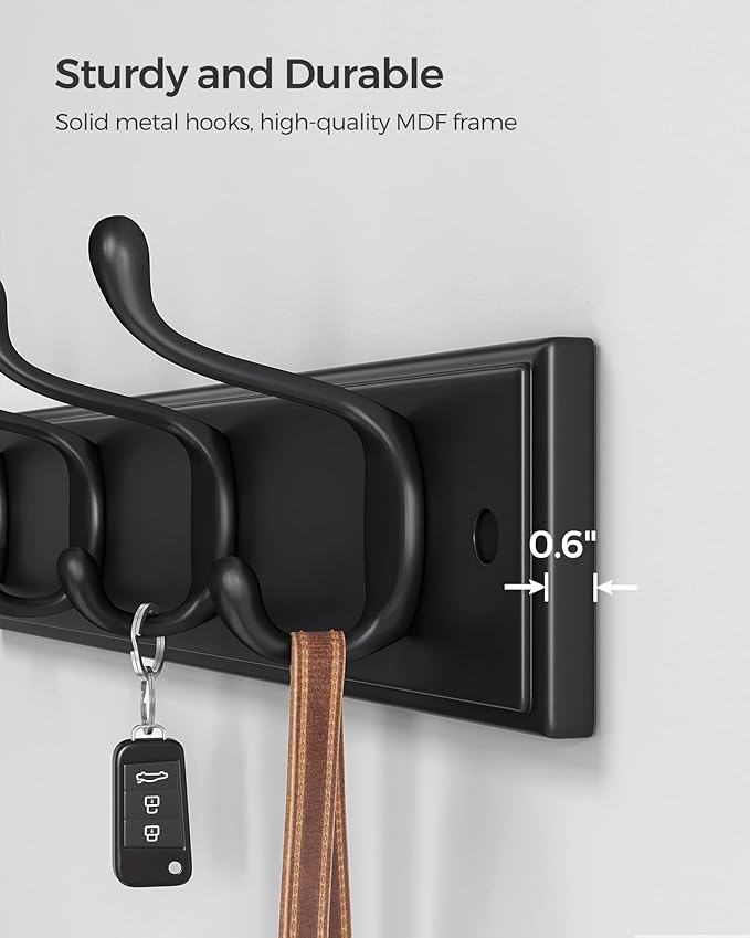 SONGMICS Wall-Mounted Coat Rack, Hook Rack, 4 Dual Metal Hooks, for Coats, Bags, Keys, in The Entryway, Bedroom, Living Room, Black ULHR023B01