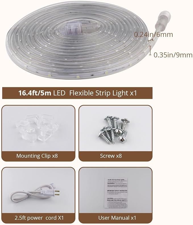 LED Rope Lights, 16.4 Feet Daylight Flat Flexible Strip Light, Plug in Novelty Lighting, Connectable and Waterproof for Home Christmas Holiday Garden Patio Party Decoration