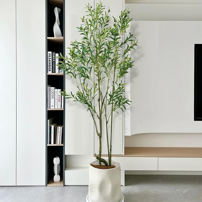Faux Olive Tree 7ft(84in) Tall Artificial Plant Indoor Decor Large Realistic Potted Fake Modern Greenery with Natural Wood Branches and Green Leaves for Home Living Room,Bedroom,Office Decor.