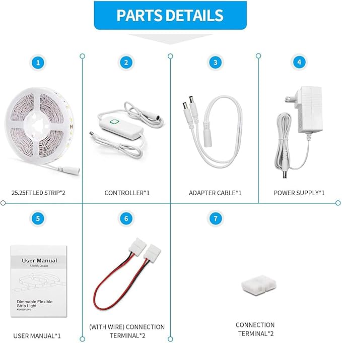 Led Strip Lights 50.5ft White Dimmable Led Light Strip Flexible Rope Lights Kits with 24v Etl Power Supply, Adhesive Clips, Dimmer Switch and Connectors for Indoor Decor