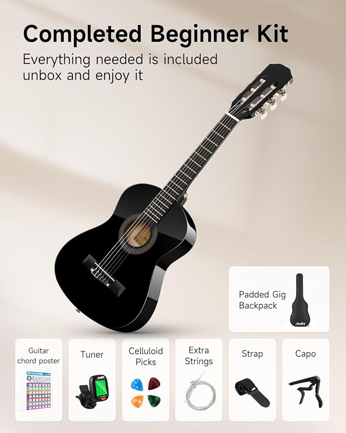 Moukey 30" Acoustic Guitar for Beginners Kids Youth 1/4 Size Dreadnought Guitarra Acustica Kit with Chord Poster, Gig Bag, Tuner, Picks, Nylon Strings, Capo, Strap - Black