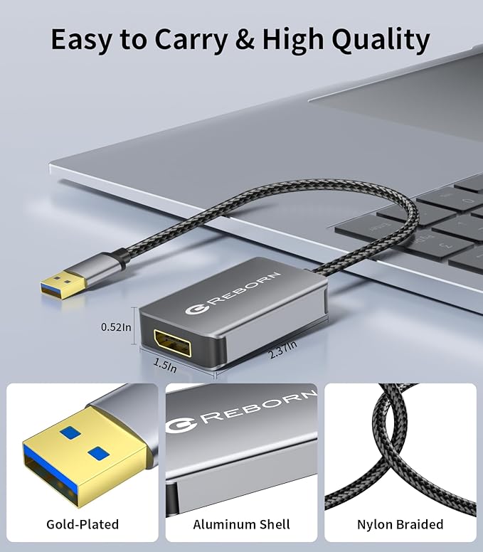 Reborn USB 3.0 to DisplayPort Adapter, 1080P@60Hz USB 3.0 Male to DisplayPort Female Multi-Display Cable Converter Suitable for MAC OS, Windows 7/8/10/11