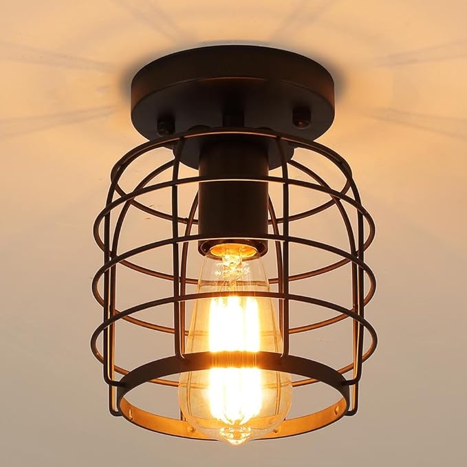 Create For Life® Industrial Vintage Flush Mount Ceiling Light,Rustic Metal Cage Pendant Lighting Lamp Fixture for Hallway Stairway Kitchen Garage, E26, Black Painting Finish