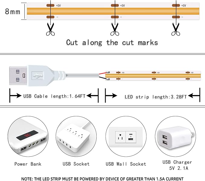 Short LED Strip Lights Yellow 5V USB Not Dimmable Flexible COB LED Rope Lights 320 LEDs/m Super Bright Gold Bendable Small Tape Lights for Exhibition Hall,Living Room TV Lights Decor (3.28FT/1M)