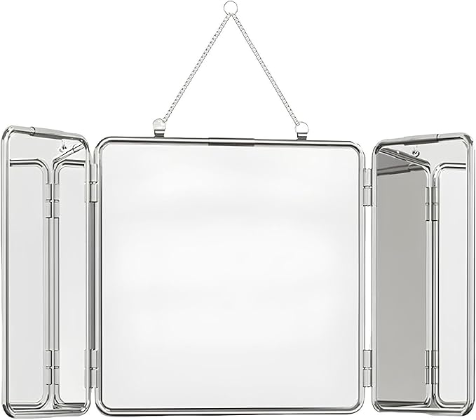 30 * 60cm Modern Tri-Fold Glass Mirror with Chain, Foldable Vanity Makeup Mirrors, Home Wall-Mounted Bathroom Mirror with Metal Frame for to See Back of Head
