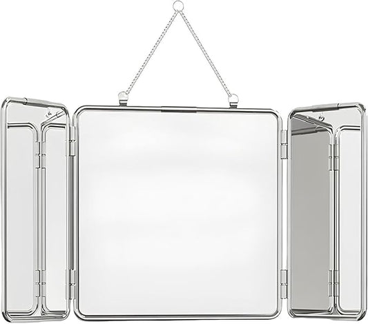 30 * 60cm Modern Tri-Fold Glass Mirror with Chain, Foldable Vanity Makeup Mirrors, Home Wall-Mounted Bathroom Mirror with Metal Frame for to See Back of Head