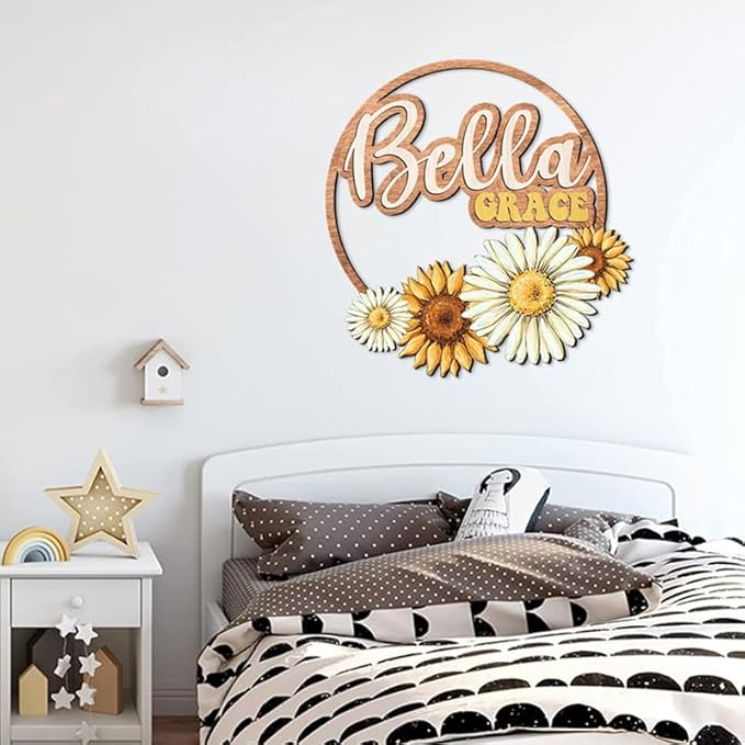 Custom wooden nursery name sign, Boho nursery wood 2 layer, Floral nursery name sign for girls, Daisy Sunflower Baby name signs for nursery, Wood name signs, Baby shower, Nursery decor flower gift/18