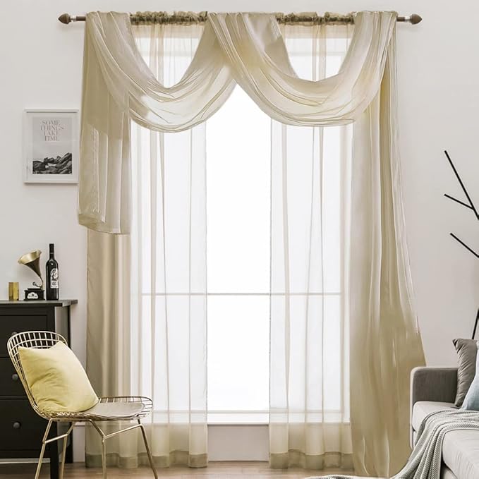 MIULEE Luxury Sheer Voile Elegant Topper Long Valance Solid Treatment Swags Drapes for Window Ceremony Wedding Canopy Bed 54" x 216" Beige