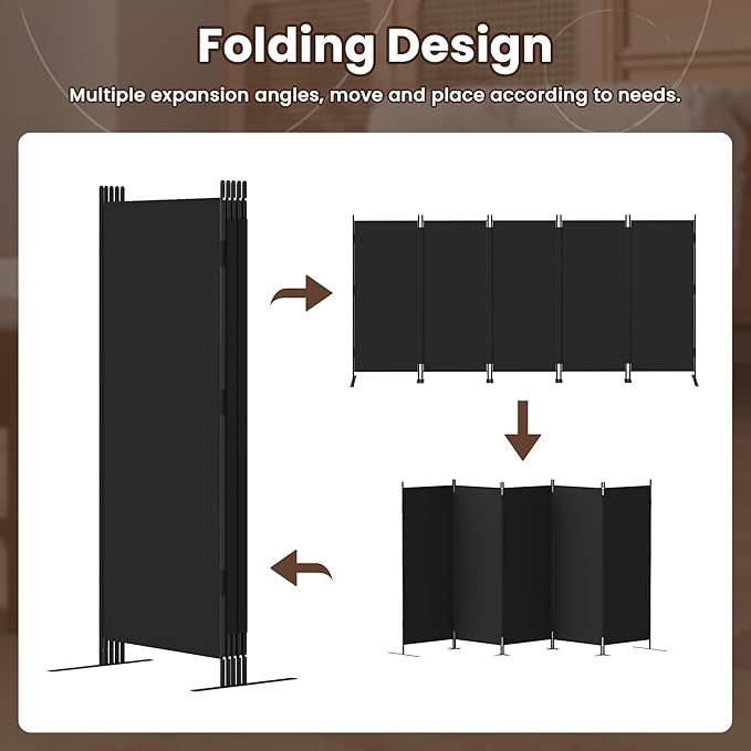 JAXPETY Room Divider 5 Panel Privacy Screen Wall Dividers for Room Separation Flexible Partition Folding Portable Room Partition for Office 145" W x 73" H, Black