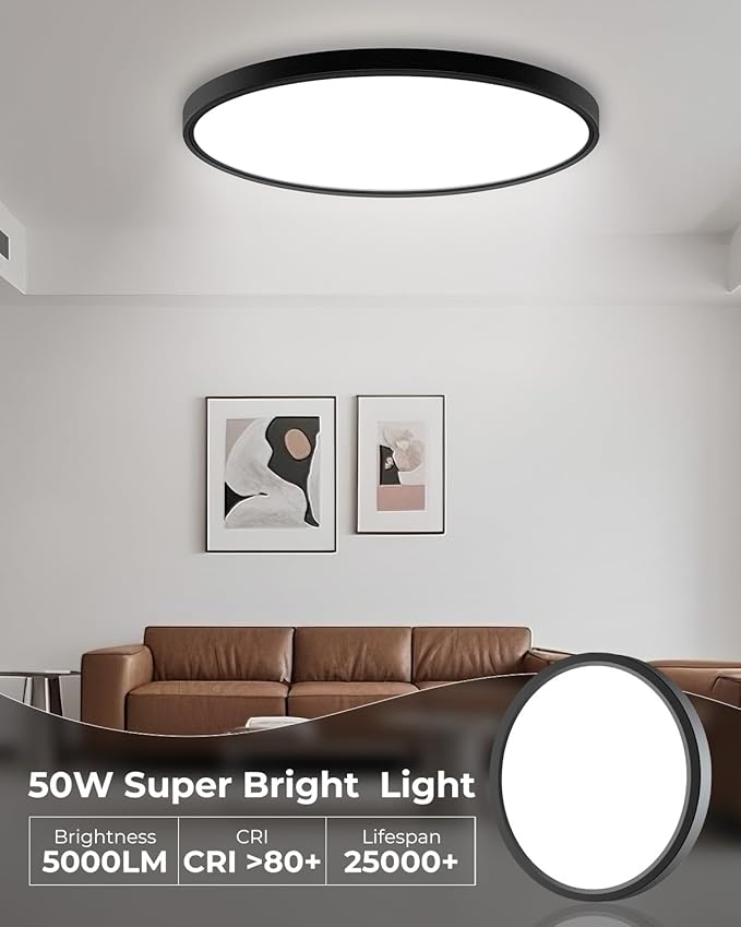 hepside 23INCH Big Dimmable Flush Mount Ceiling Light Fixture Black, 3CCT Selectable 3000/4000/6500K Ceiling Lamp, 50W 5000LM Super Bright Low Profile Light for Bedroom, Kitchen, Bathroom, Hallway