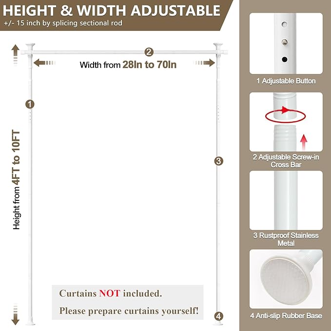 Room Divider, No Drilling Curtain Rod for Room Separation, 4-10ft (H) 28-70inch(W) Adjustable Heavy Duty Floor to Ceiling Partitions, Portable Hanging Wall Dividers Space Separator Window Rods White