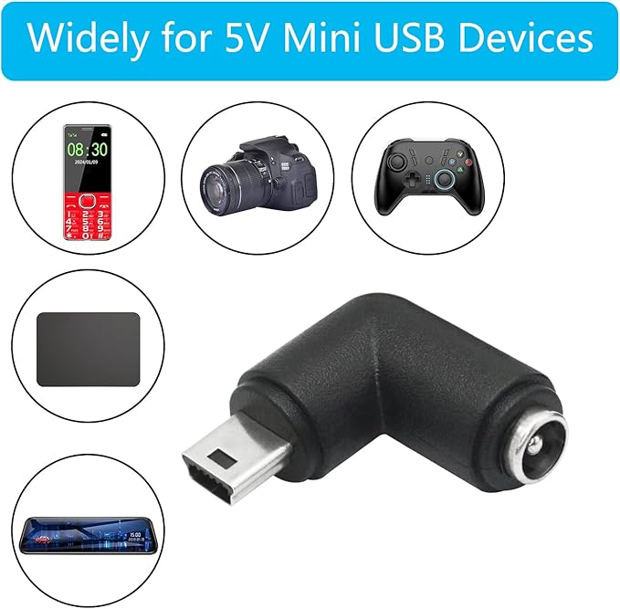 4Pcs DC 5.5mm x 2.1mm to Mini USB Adapter, 90 Degree Right Angle DC 5521 Female to Mini USB Male Plug Convert Connector 5V Power Supply Adapter