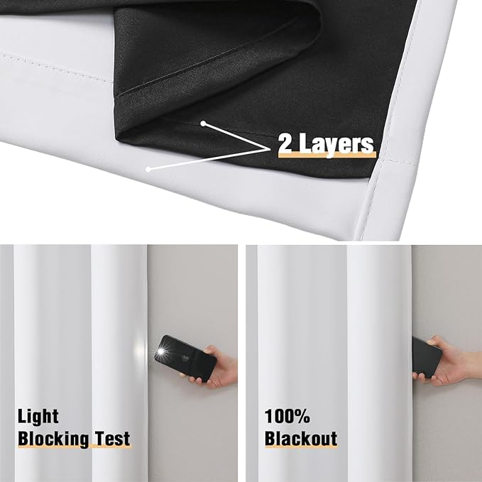 ChrisDowa White 100% Blackout Curtains 108 inch Long for Bedroom with Black Liner, 2 Thick Layers Total Blackout Thermal Insulated Grommet Window Curtains 2 Panels Set (Pure White, 52 x 108 Inch)