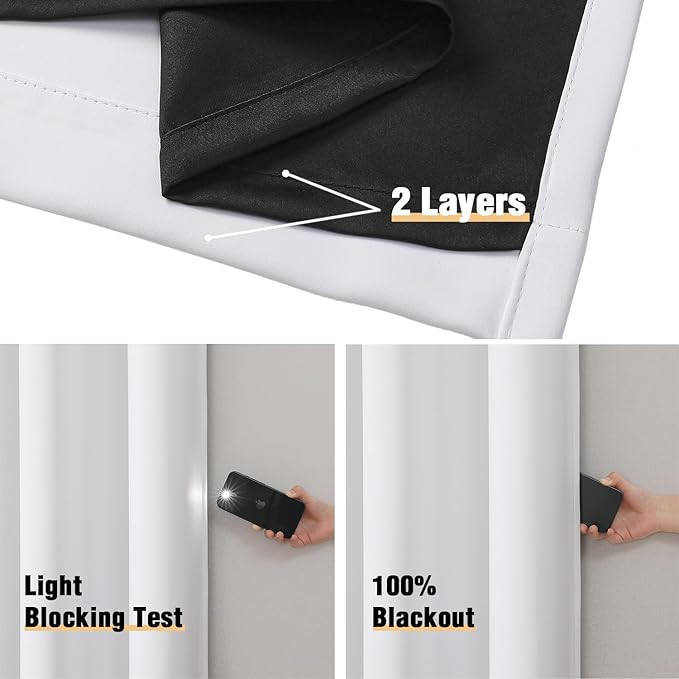 ChrisDowa White 100% Blackout Curtains 90 inch Long for Bedroom with Black Liner, 2 Thick Layers Total Blackout Thermal Insulated Grommet Long Window Curtains 2 Panels Set (Pure White, 52 x 90 Inch)