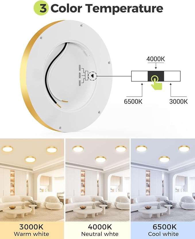 hepside 1Pack Dimmable Flush Mount Ceiling Light Fixture Golden, 3CCT Selectable 3000/4000/6500K Ceiling Lamp, 7.5INCH 15W 1500LM Low Profile Light for Bedroom, Kitchen, Bathroom, Hallway