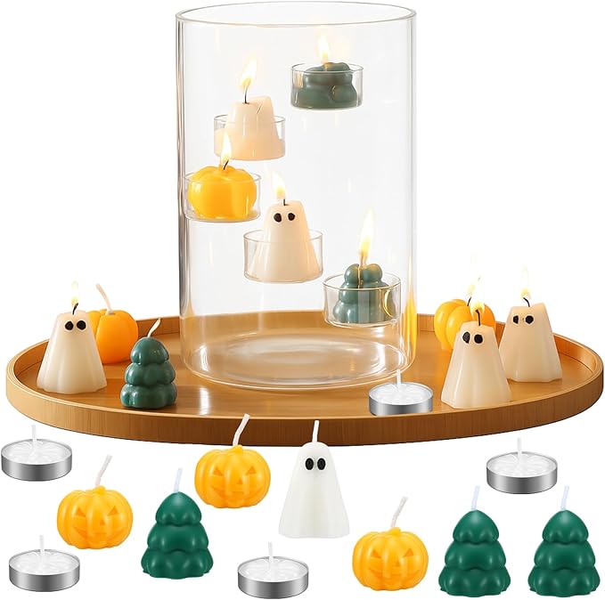 Christmas Glass Hurricane Candle Holder with 18 Pcs Tree Pumpkin Ghost Candles and 5 Tea Light Cylinder Pillar Candle Holder for Xmas Thanksgiving Halloween Table Centerpiece Decorations
