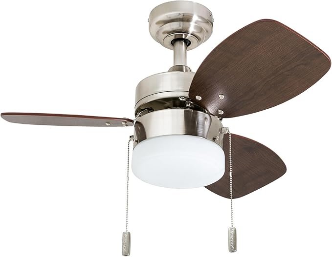 Honeywell Ceiling Fans Ocean Breeze Modern 30 Inch Ceiling Fan with Light, Pull Chain LED Indoor Fan with 3 Blades, Satin Nickel and Light Oak Blade Finish Options, Brushed Nickel (50601-01)