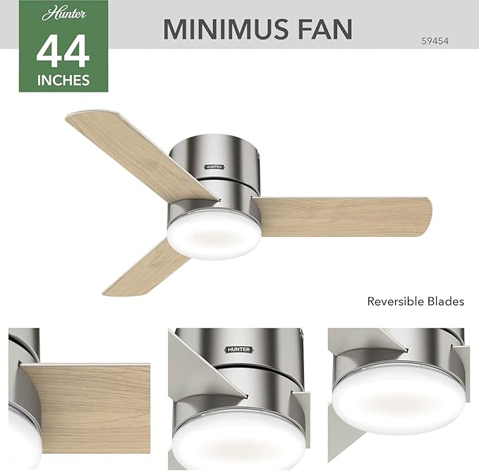 Hunter 44 inch Indoor Ceiling Fan with Light and Remote Control - For Bedroom or Living Room, Low Profile Mount, Modern Ceiling Fan with LED Light, Quiet, 3 Blades - Minimus 59454, Brushed Nickel