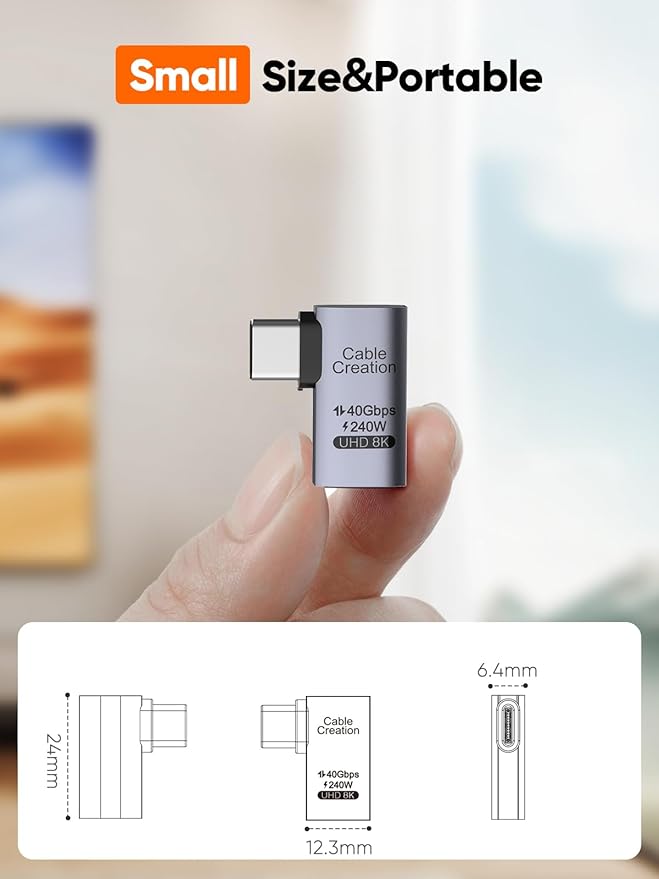 CableCreation Right Angle USB C Adapter, USB C Male to Female 90 Degree Adapter 40Gbps 240W Compatible with Thunderbolt 4, USB 4, Notebook, PC, Tablet, Phone and More, Right Angle