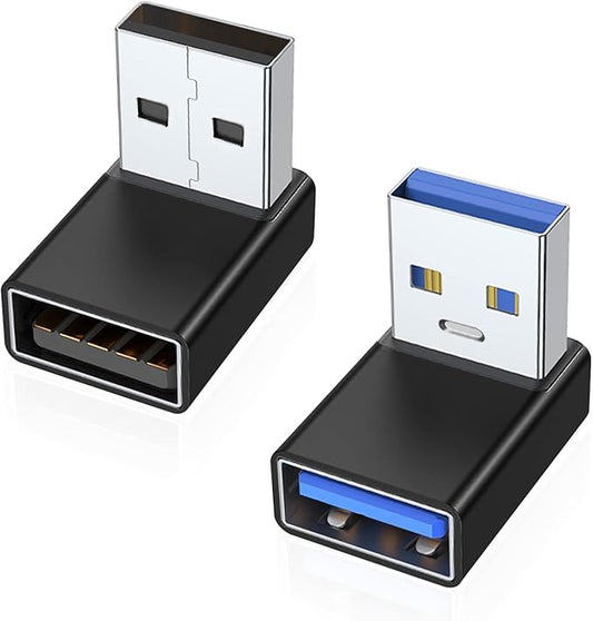 AreMe 90 Degree USB 3.0 Adapter 2 Pack, Up and Down Angle USB A Male to Female Converter Extender for PC, Laptop, USB A Charger, Power Bank and More (Black)