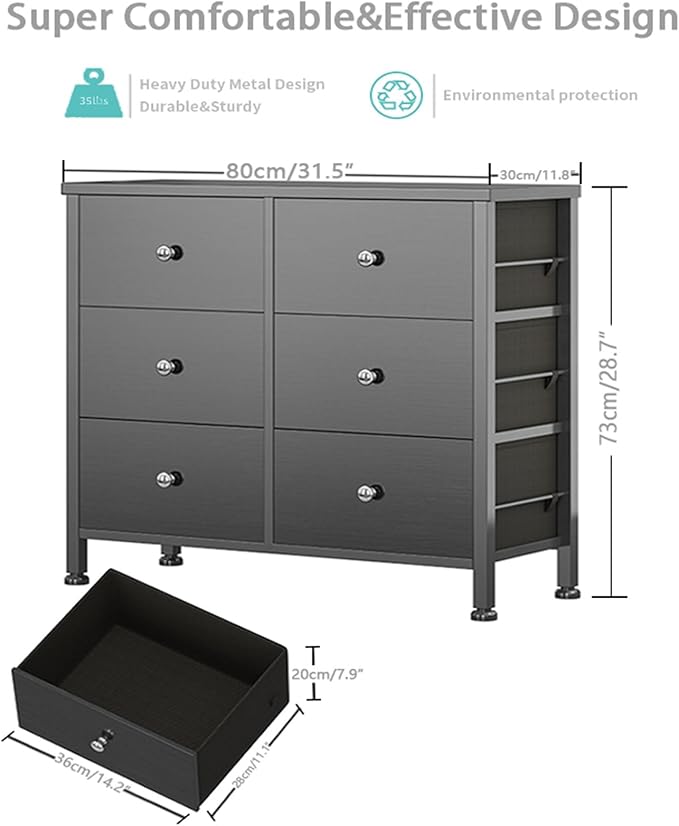 BOLUO Black Dresser for Bedroom 6 Drawer Dressers & Chests of Drawers Small Fabric Dresser Storage for Closet Modern