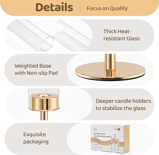 Gold Hurricane Candle Holders Set of 3, Tall Metal & Windproof Glass Taper Candle Holders, Outdoor/Indoor Table Centerpieces for Weddings, Christmas, Parties, Fireplace Decor