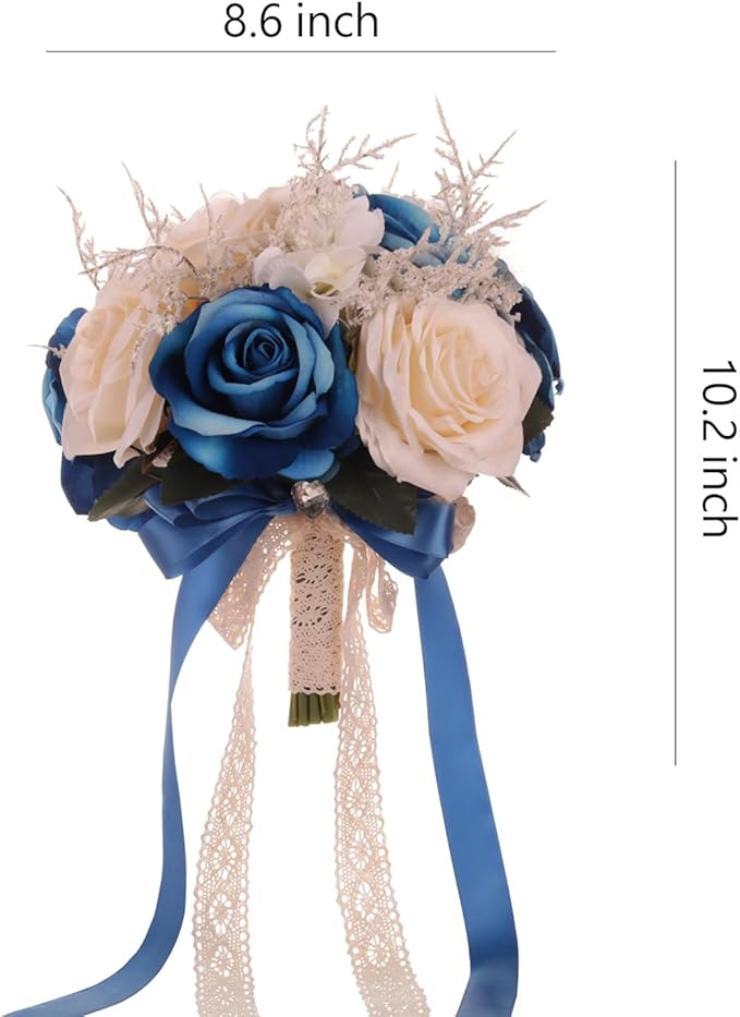 LEIFENY Wedding Bouquets for Bride, Champagne White & Royal Blue Bridal Bridesmaid Wedding Flowers, Artificial Toss Rose for Civil Ceremony (Hollow Lace Ribbon Handle)