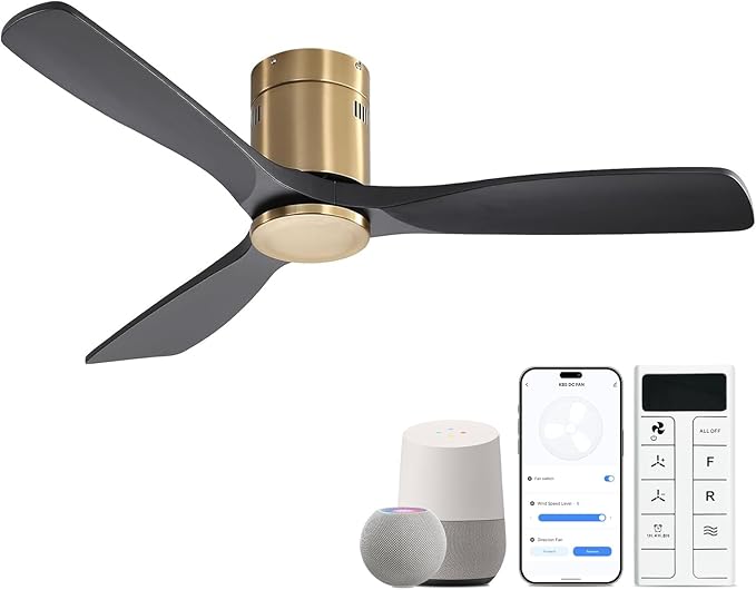Sofucor 52 Inch Smart Ceiling Fan Without Lights Flush Mount Solid Wood Ceiling Fan with Alexa/Google Assistant/APP/Remote Control-Modern Outdoor Ceiling Fans No Light for Bedroom/Patio, Black Gold