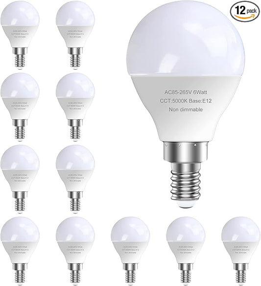 GOSCHE 12 Pack Bright Ceiling Fan Light Bulbs, 60 Watt Equivalent, 5000K, E12 Led Bulb, A15 Shape Candelabra Base Chandelier Light Bulb, 120V Small Bulb, Non-Dimmable, Daylight, 12 Pack
