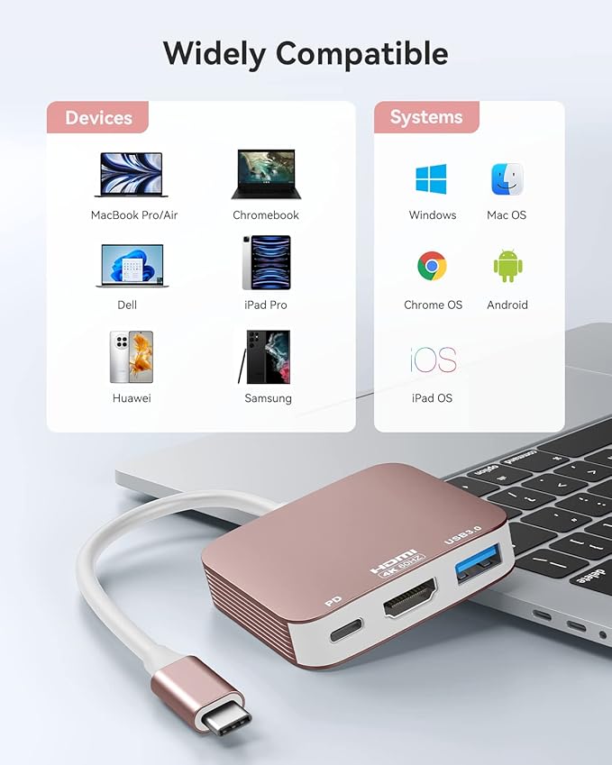 USB C to HDMI Adapter【4K@60HZ】, Vilcome HDMI to USB C Adapter Multiport with USB Type C PD & USB 3.0 Port, Compatible for MacBook Pro/Air, iPad Pro/Air, Dell XPS, iPhone 15 Pro/Max, Android (Rose)