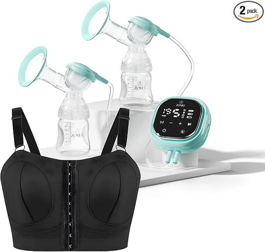 Zomee Z2 Double Electric Breast Pump - Shabbat Mode Edition - Portable, Hands Free Pumping Hospital Grade Wearable Breast Pump Including; Black Bamboo Pumping Bra (Small)