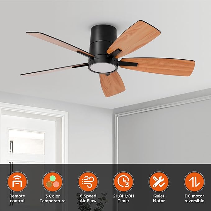 TALOYA 42 inch Ceiling Fans with Lights,Ultra Quite Low Profile Ceiling Fan with Light and Remote Control,Flush Mount, Reversible, Dimmable,Modern Ceiling Fan for Bedroom Kids Room Black