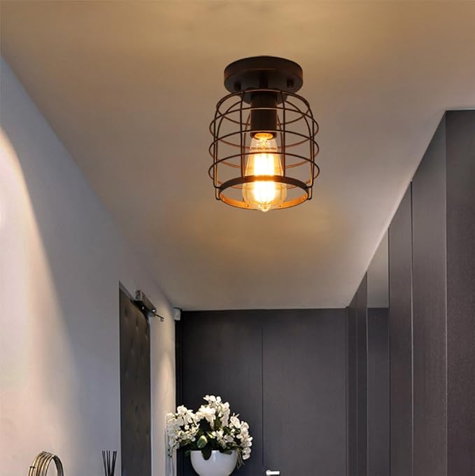 Create For Life® Industrial Vintage Flush Mount Ceiling Light,Rustic Metal Cage Pendant Lighting Lamp Fixture for Hallway Stairway Kitchen Garage, E26, Black Painting Finish