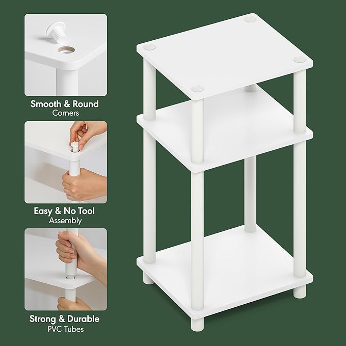 Furinno JUST Side Table, 3-Tier End Table, Open Shelves Night Stand, Bedside Table, Toolless Assembly, for Living Room, Bedroom, Bathroom, White