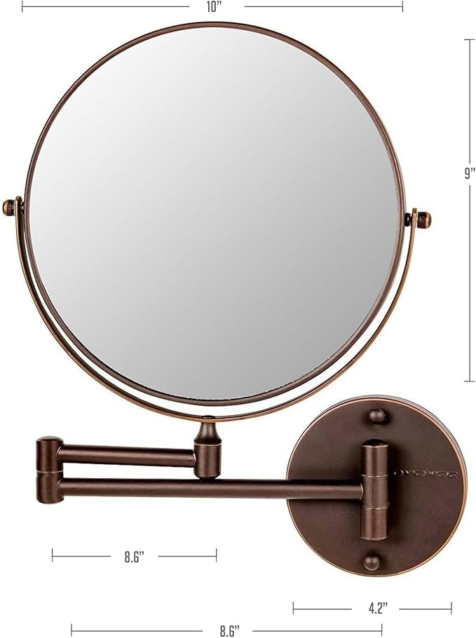 OVENTE 9" Wall Mounted Makeup Mirror with 1X/7X Magnification, Double Sided Magnifying Round Bathroom Vanity Mirror, 360° Swivel Design, Extendable and Folding Arm, Antique Bronze MNLFW90ABZ1X7X