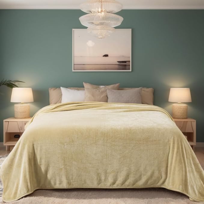 Fleece Blankets for All Season - Premium Lightweight Anti-Static Throw for Queen/Full Size Bed Extra Soft Brush Fabric Warm Sofa Thermal Blanket 90" x 90"(Khaki)