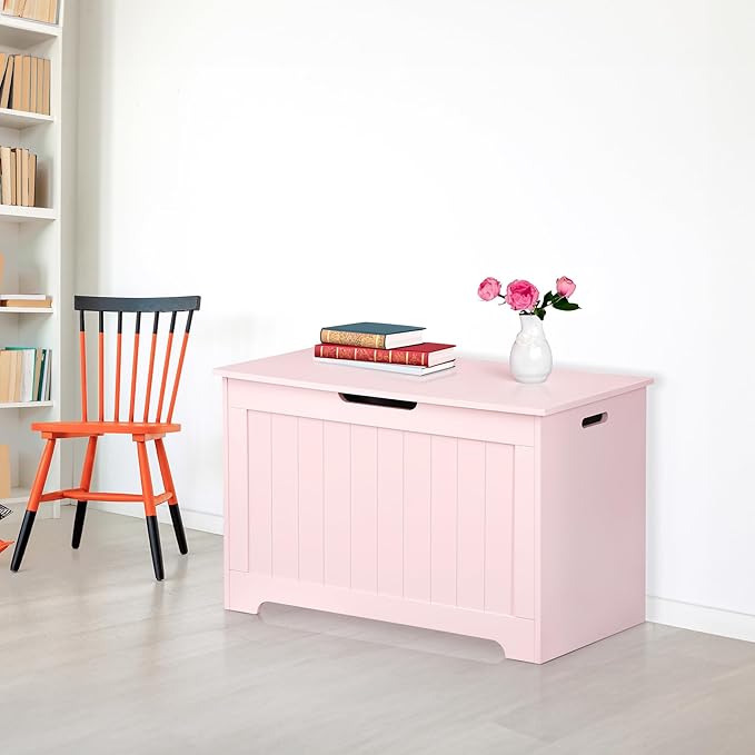 Wooden Storage Chest Box with Flip-top Lid & Safety Hinge, Living Room Organizer, Bedroom Bench with 100L Storing Area, Pink