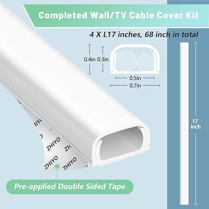 ZhiYo Wire Covers for 2 Cords, Cord Hider on Wall Mounted, 68in Cord Cover Kit, Cable Cover Paintable, Cable Concealer for Extension Cord/Ethernet Cable/Speaker Wire Hider, Black W0.7in H0.4in