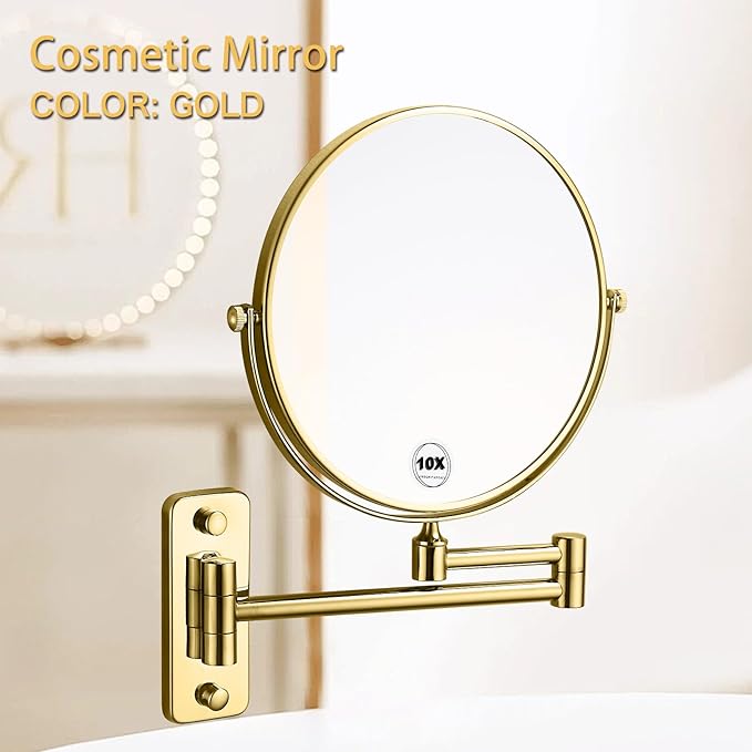 Gold 1x10x Double Sided Magnifying Bathroom Makeup Mirror 360 Degree Swivel Mirror Adjustable Telescopic Arm Wall Mount 8 Inch Non-Illuminated Beauty Mirror Shaving Mirror（Square Base）