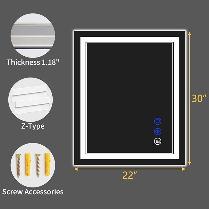 30"x22" LED Bathroom Mirror with Anti-Fog, Stepless Dimmable Lights, 3 Color Modes, Shatter-Proof Tempered Glass, Memory Function & Waterproof Design