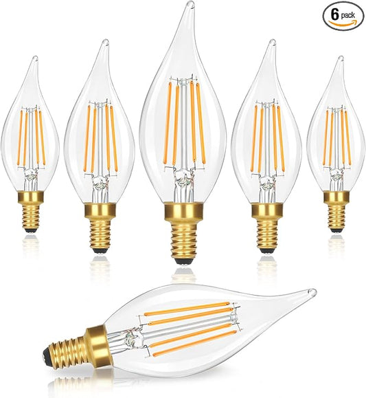 GoBright Dimmable E12 LED Candelabra Bulbs 40W Equivalent, 460LM Soft Warm White 2700K Candle Light Bulbs with Vintage Flame Tip, 4W CA10 Clear Glass LED Bulbs for Chandelier, Pendant, 6-Pack