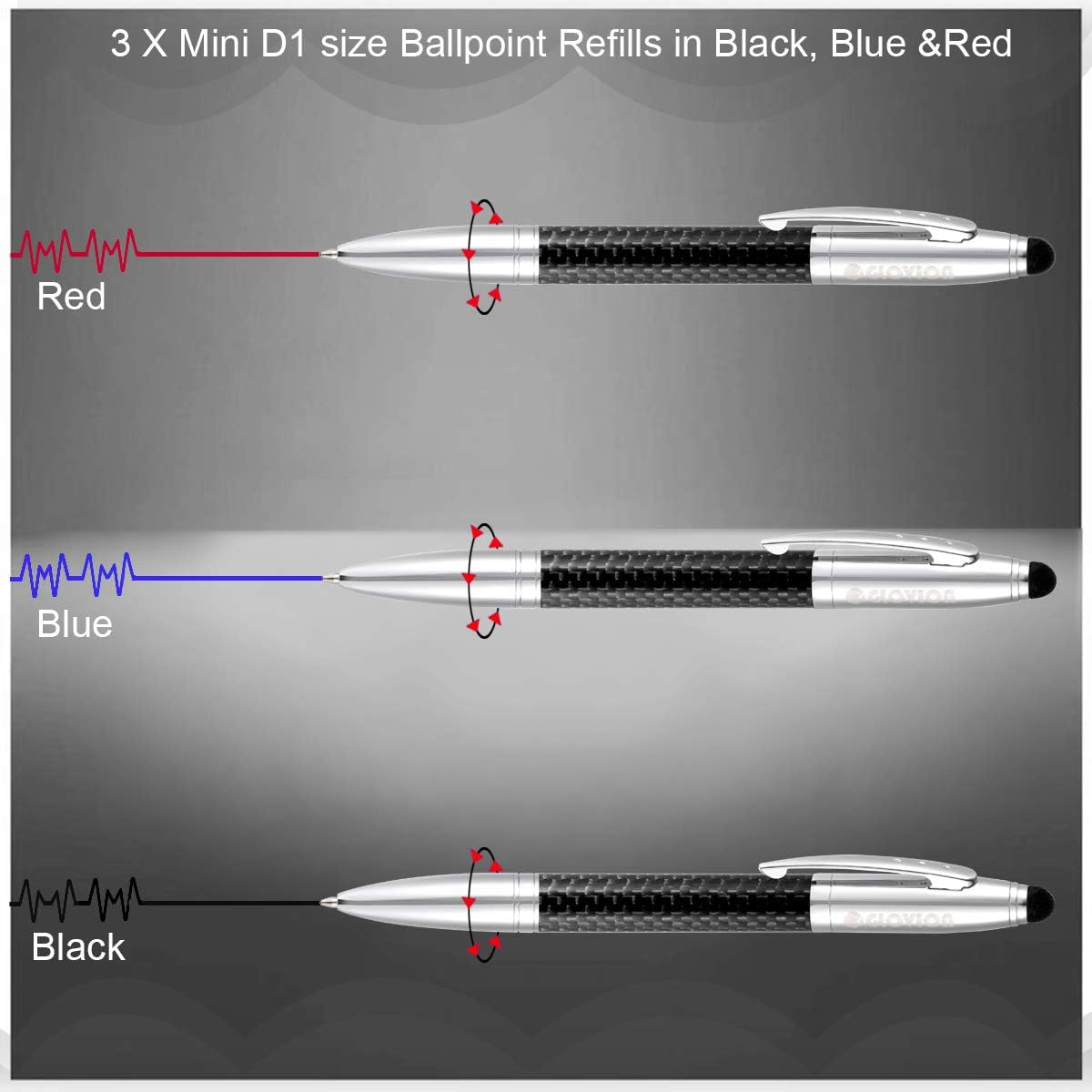 Glovion Multicolor Ballpoint Pen with Stylus Tip, 2 in 1 Carbon Fiber Ink Writing Pens with 3 Replacement Tips