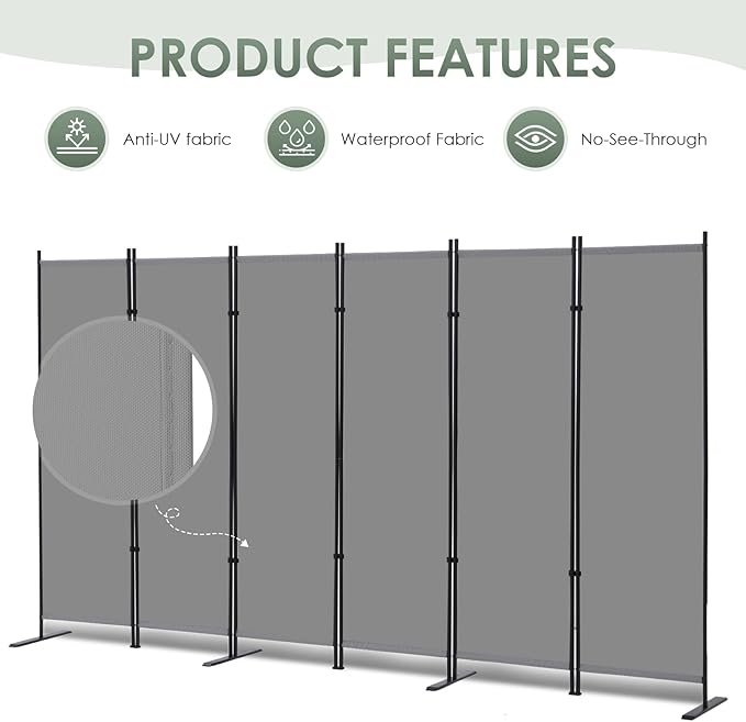 RANTILA 6 Panel Room Divider, 6 FT Folding Privacy Screen with Wide Feet, Freestanding Partition for Room Separation, Portable Room Divider Panel, 133" W x 71" H, Grey