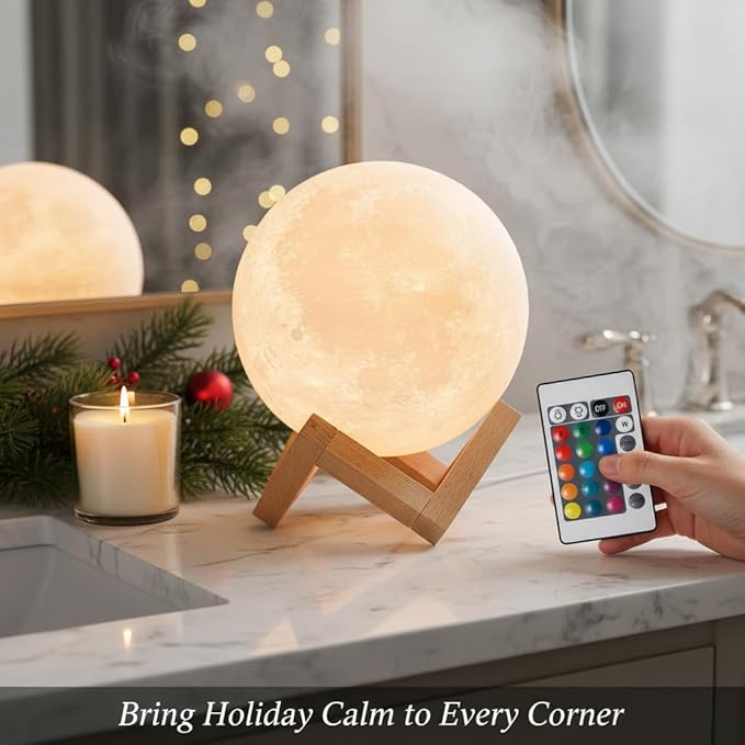 Mydethun 16-Color 3D Moon Lamp, 148 Lighting Modes, 5.9" Rechargeable Dimmable Night Light with Remote & Wooden Stand – Unique Gift for Women, Mom, Kids, Bedroom, Thanksgiving Table & Christmas Décor
