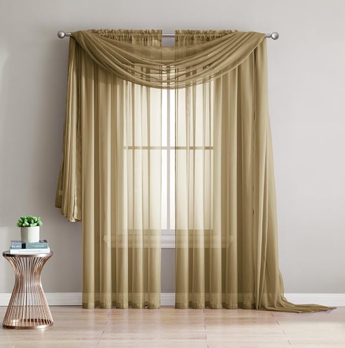 LinenZone Gold Window Scarf Valance in 360 Inch Size. Use Window Scarves as Canopy Bed or Backdrop Curtains, Curtain Scarf, or Sheer Fabric for Draping. (Amazing 55 x 360, Gold)