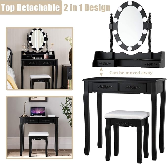 Giantex Makeup Vanity Table with 10 LED Lights, Adjustable Brightness, 4 Drawers, Rotatable Mirror, Cushioned Stool, Vanity Desk Dressing Table Bedroom Furniture (Black)