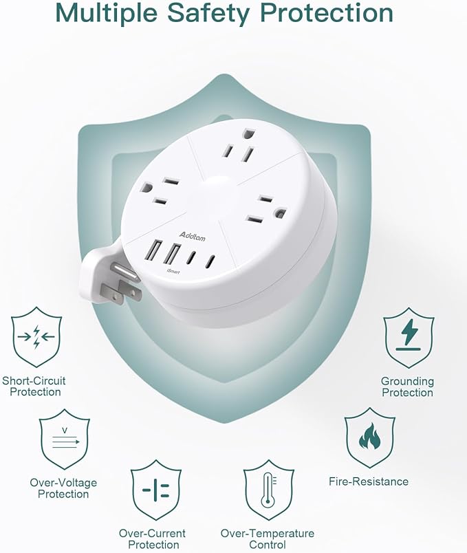 Addtam Travel Esstentials - Cruise Approved Power Strip with 5ft Retractable Cord, Ultra Thin Flat Plug, 3 Outlets 4 USB (2 USB C), Non Surge Protector for Travel/Cruise/Home/Dorm/Office, ETL Listed