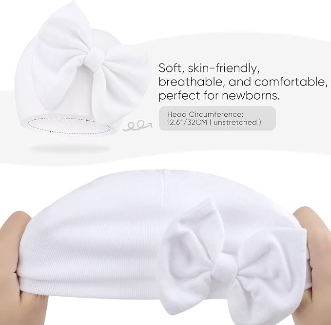 BQUBO Newborn Baby Hats Mittens Set Hospital Hat Beanie Infant Bow Hats Baby Gloves No Scratch Mittens for 0-6 Months