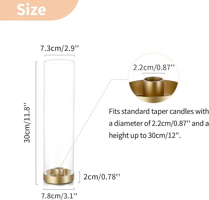 NUPTIO Hurricane Glass Candlestick Holders: 10 Set Bulk Gold Taper Candle Holder Metal Candle Stick Stand with 11.81 inch Tall Windproof Clear Seelves for Outdoor & Indoor Wedding Party Holiday Decor
