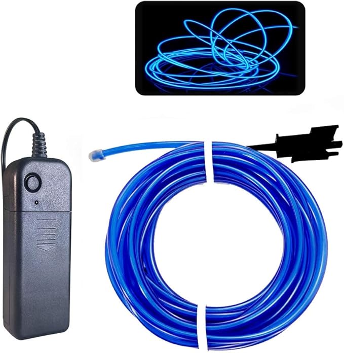 MaxLax EL Wire Blue, 9.8ft/3m Portable Battery Pack Neon Light Strip 360° Cuttable Glowing Rope Lights for Parties, Halloween, DIY Decoration